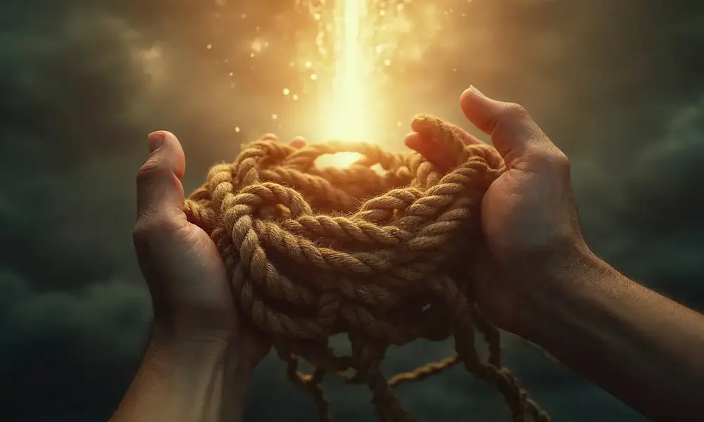 Surrendering self-effort to Jesus’ sacrifice, symbolizing saving faith
