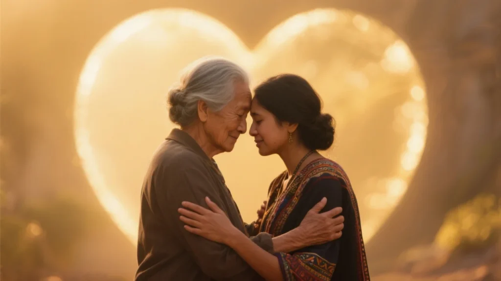 Two people of different ages and backgrounds embrace in forgiveness, surrounded by warm golden light and a subtle heart-shaped glow.