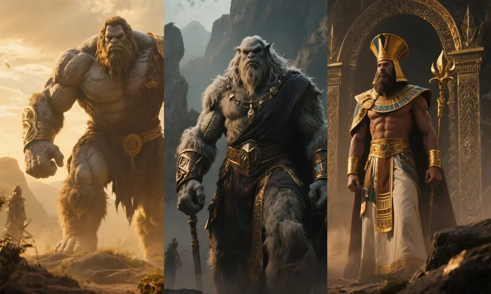 Mythological giants from cultures: Titan, Jötunn, and Gilgamesh-like figure.