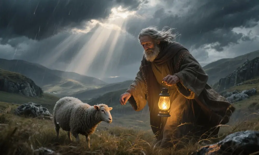 Shepherd searching for a lost sheep in a stormy landscape, light breaking through clouds.