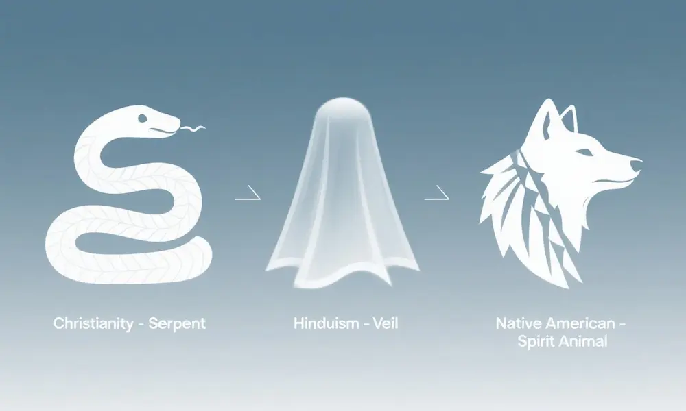 Infographic showing symbols of spiritual adversity from Christianity, Hinduism (Maya), and Native American spirit tests