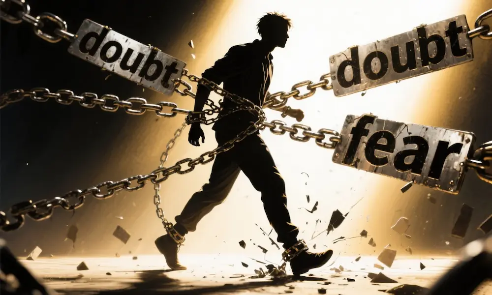 A person breaking free from chains made of words like “doubt” and “fear,” stepping into light