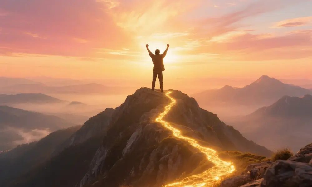 A person standing on a mountaintop at sunrise, arms raised in triumph, with a golden path behind them
