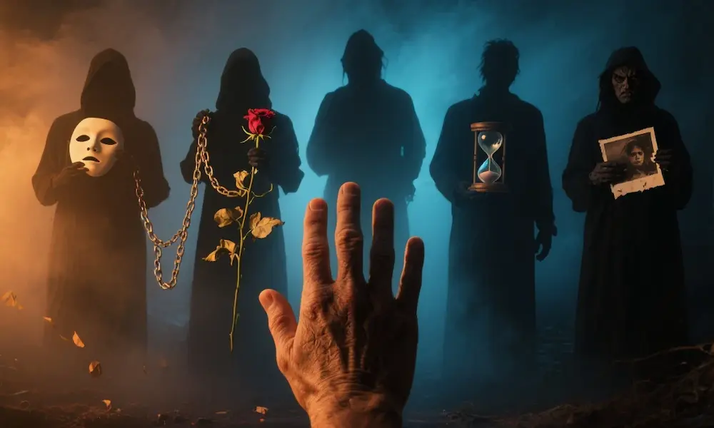 Five symbolic figures representing types of people not to help, with a protective hand.