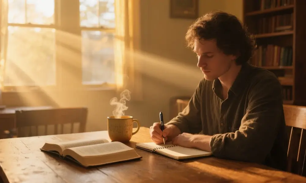 Person journaling with Bible and tea, symbolizing self-examination and reflection.