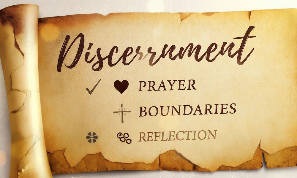 Infographic checklist for discernment, with icons for prayer, boundaries, and reflection.