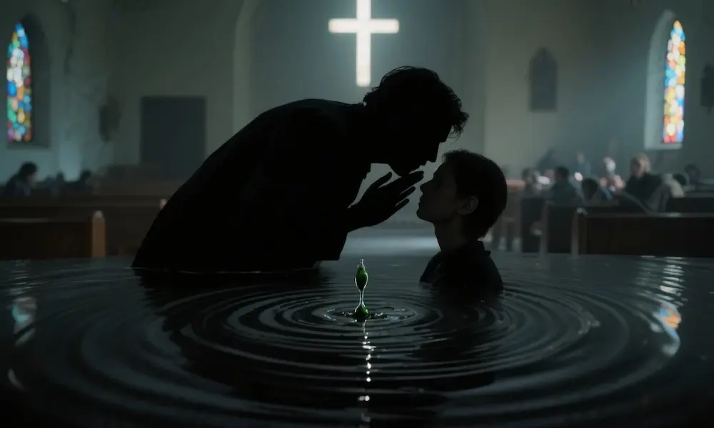 Shadowy figure whispering, ripples spreading, symbolizing the destructive power of gossip.