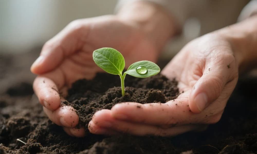 Hands holding sprouting plant, symbolizing growth, gratitude, patience, faith