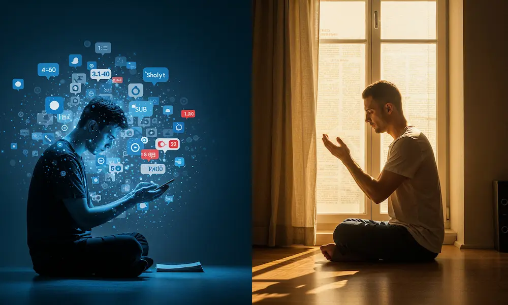 Conceptual split-scene showing a person burdened by notifications contrasted with the same person praying calmly by a window.