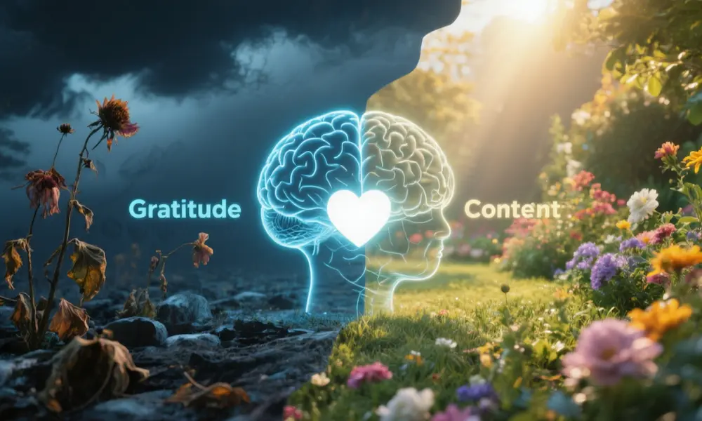 Split image showing the effects of complaining (dark, stormy) versus gratitude (bright, flourishing), with brain and heart symbols.