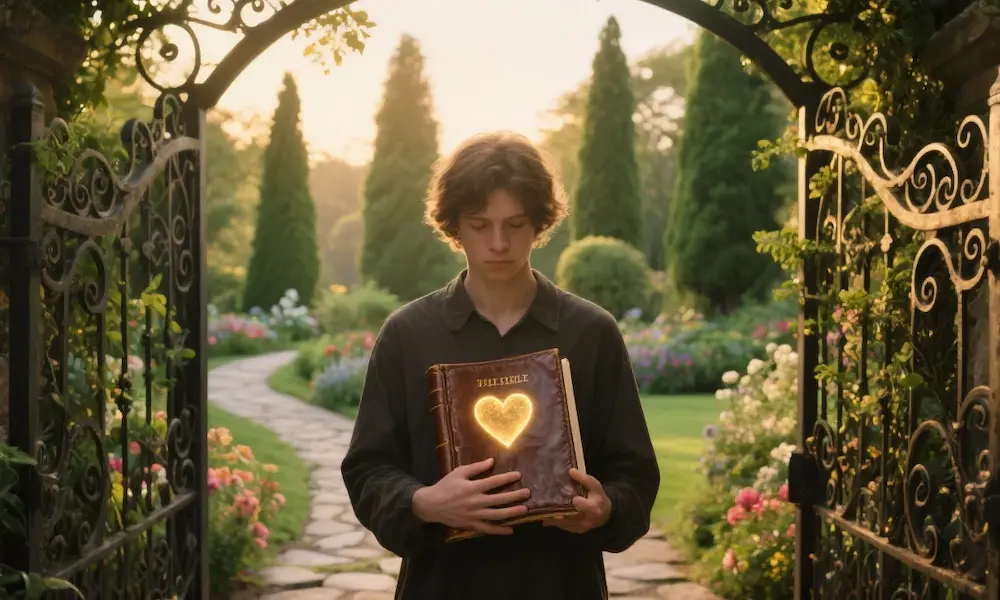 Person at a garden gate with a glowing heart, holding a Bible, symbolizing guarding your heart.