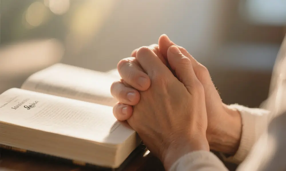 Close-up of two hands folded in prayer on a wooden table with warm morning light and a blurred open Bible behind.