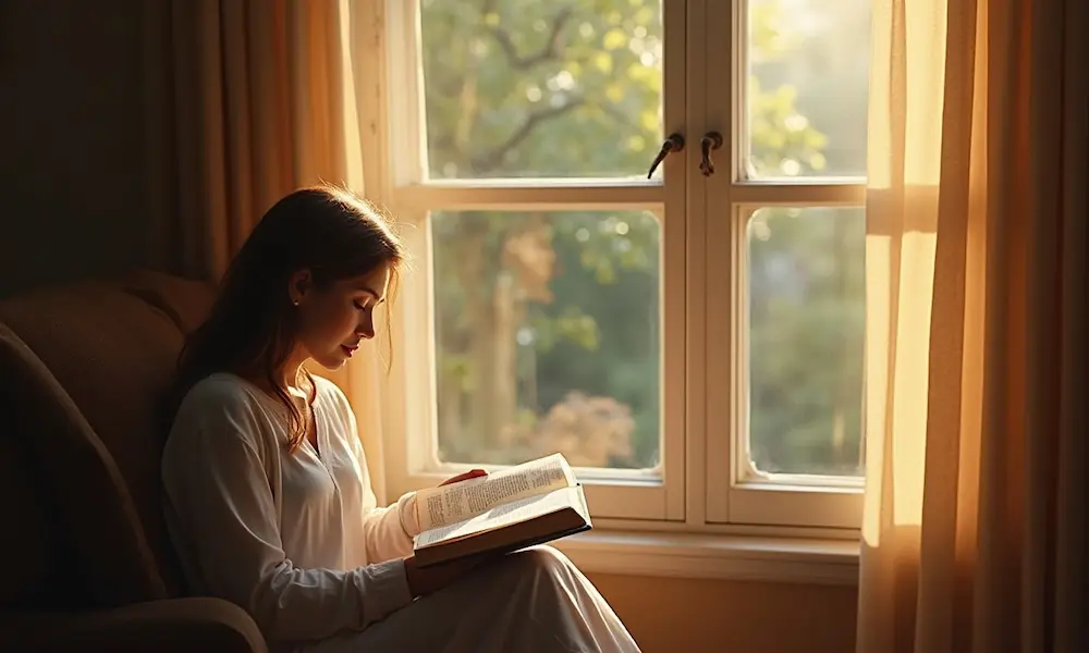 Person reading Bible by window, peaceful and healing