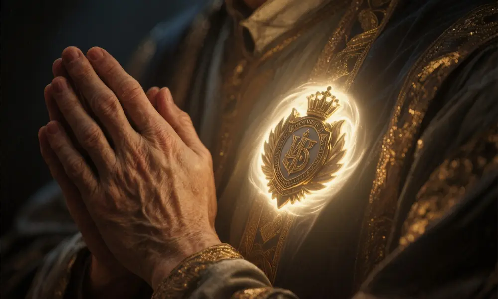 A faint luminous badge over a praying figure’s chest, symbolizing identity in Christ.