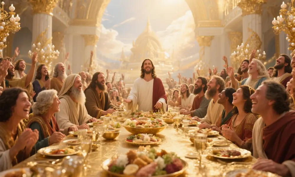 Jesus hosting the great heavenly banquet with biblical heroes and believers in joyful celebration
