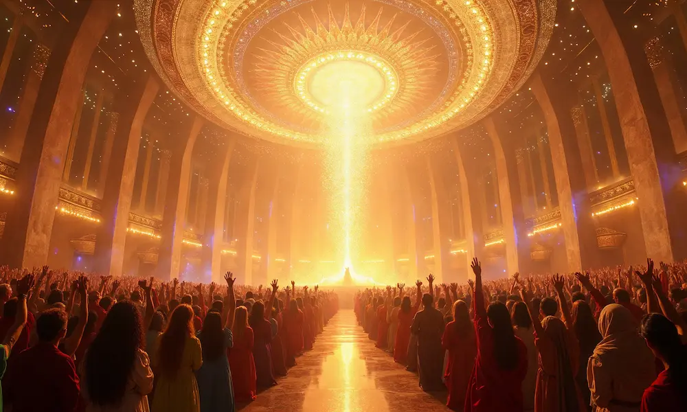 Multitudes worshipping God in the heavenly Jerusalem (Revelation 7:9-12)