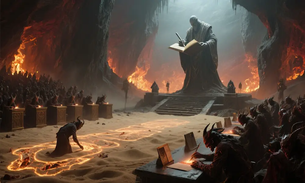 Demonic tribunal processing souls into hell.