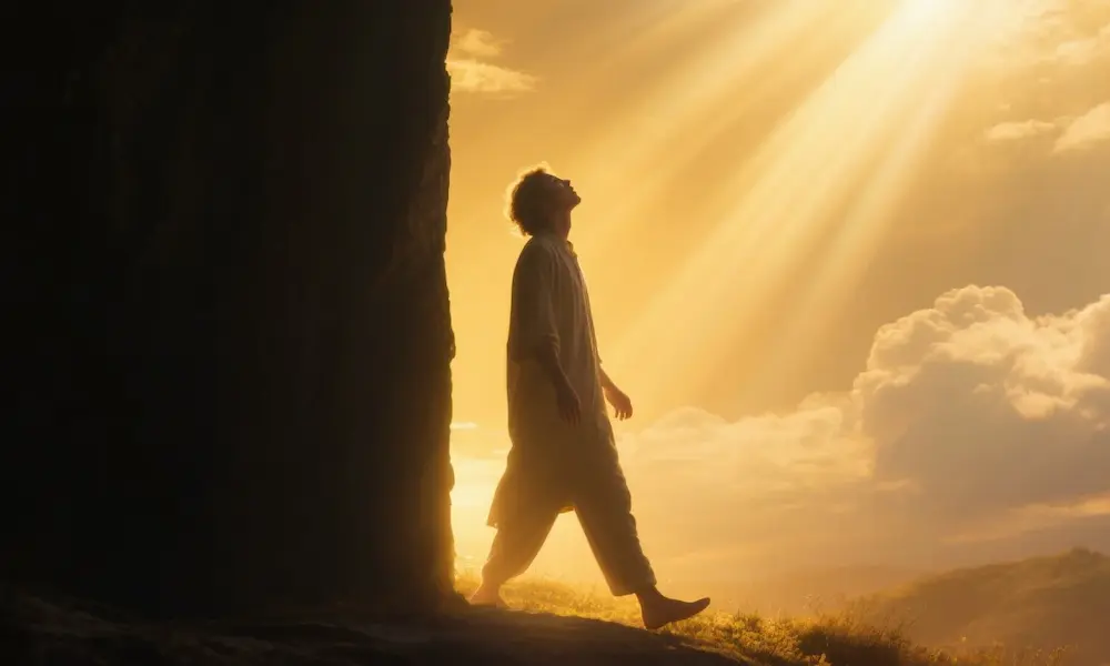 Person stepping from darkness into radiant light, face uplifted in hope