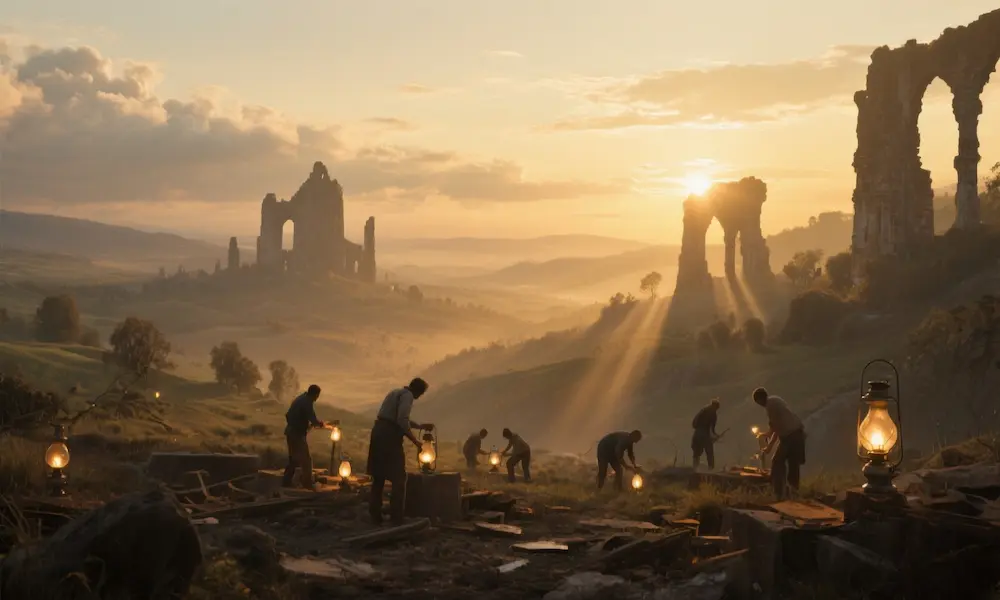 Dawn light breaking over a reclaimed valley with small figures rebuilding—a visual metaphor for restoration and vigilance