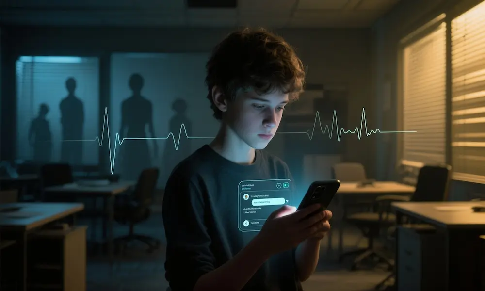A young person alone at night, illuminated by a phone screen showing an AI chatbot; behind them, silhouettes of lost workplaces fade away.
