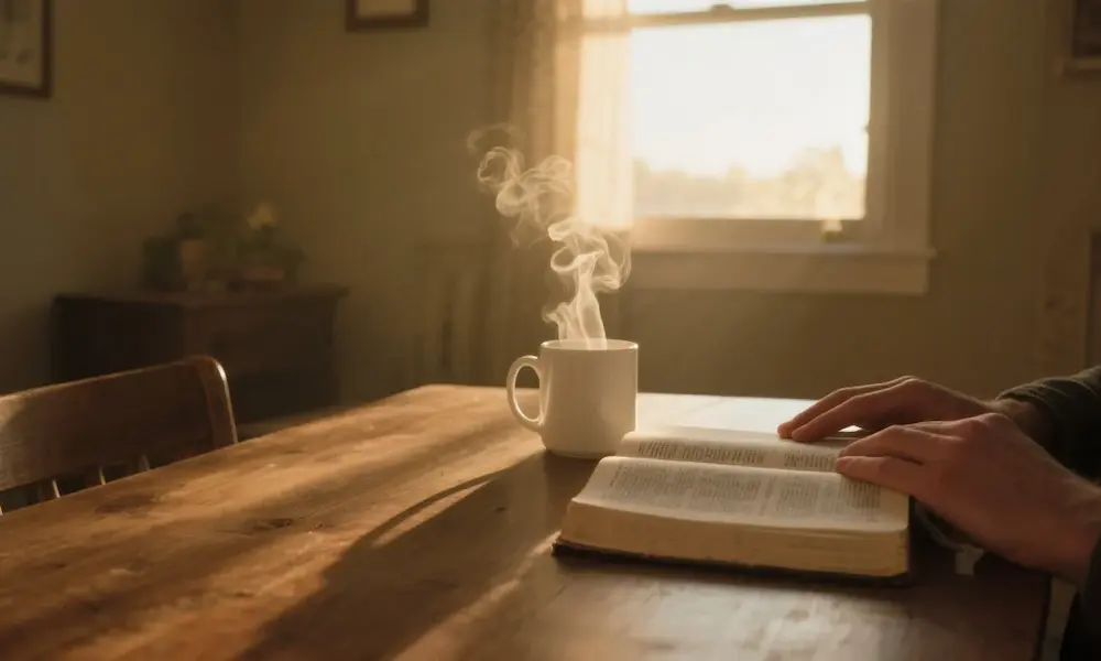 A person’s hands rest on an open Bible beside a steaming mug, bathed in peaceful morning light, symbolizing spiritual hunger and devotion.
