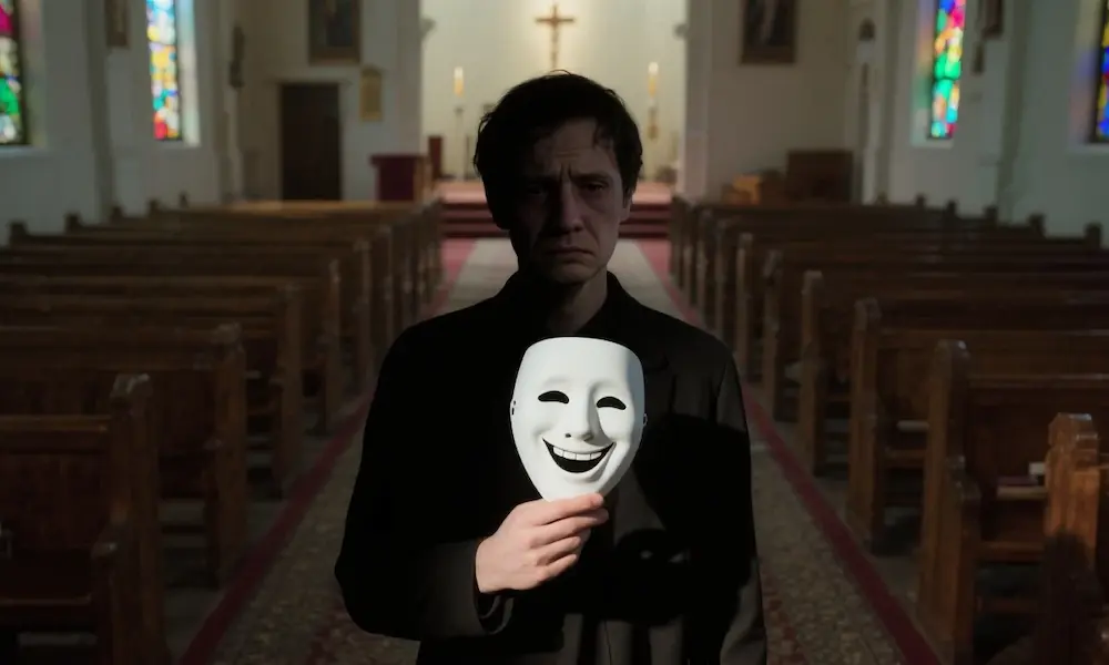 Person with a smiling mask, real face somber, symbolizing hypocrisy.