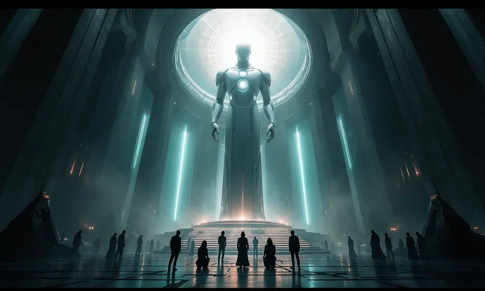 Surreal prophetic image of an AI idol-like figure worshiped in a futuristic temple.