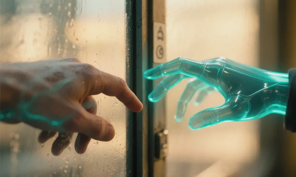 Human and synthetic hands almost touching across glass, mirrored reflections in teal and warm light.