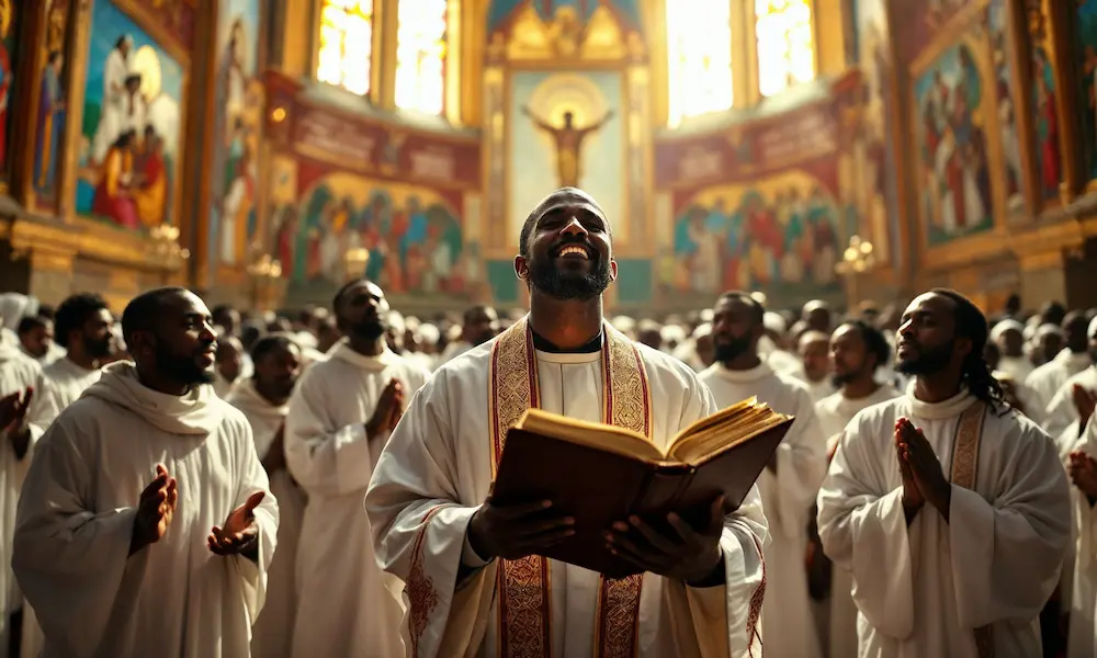 Ethiopian church service with worshippers, murals, and a priest holding an ancient Bible.