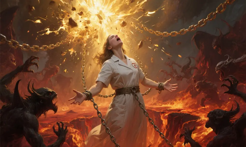 Nurse’s soul rescued by divine light of Jesus breaking chains.