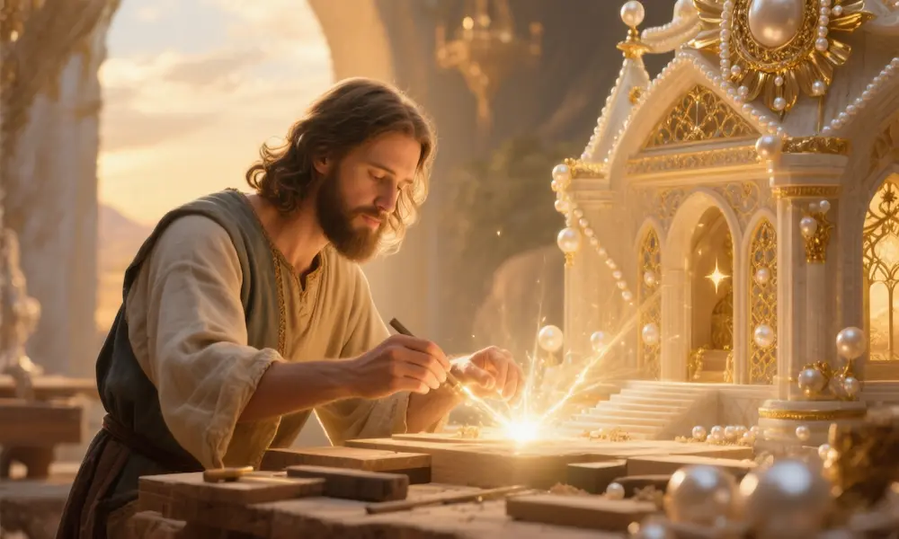 Jesus crafting a personalized heavenly dwelling with divine light and celestial architecture