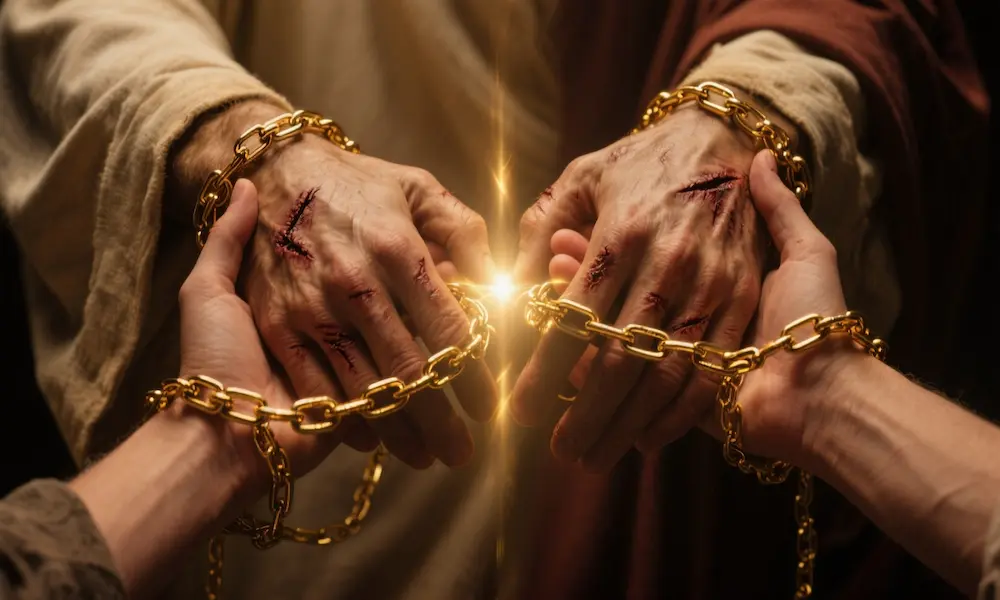Jesus' hands securely holding believer with unbreakable divine light representing eternal security