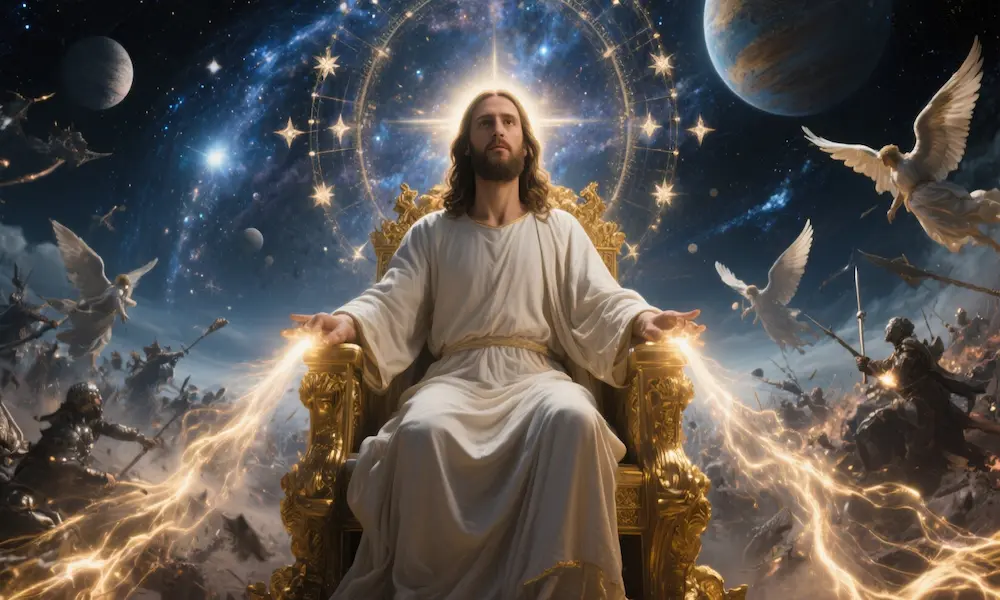 Jesus on the throne sustaining all creation while the war in heaven rages around him