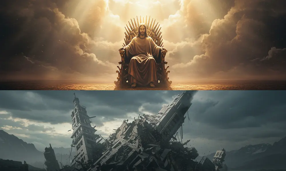 Majestic throne of Christ in heavenly light contrasted with crumbling digital idols and failing technology below