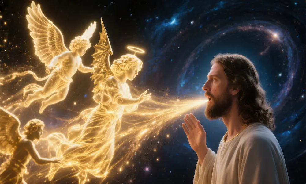 Jesus as the eternal Word creating angelic beings including Lucifer through divine speech