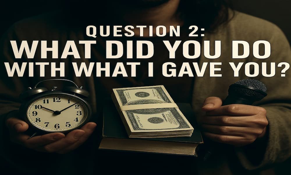 Hands holding time, talent, and treasure" / Description: "Stewardship of God's gifts determines eternal rewards