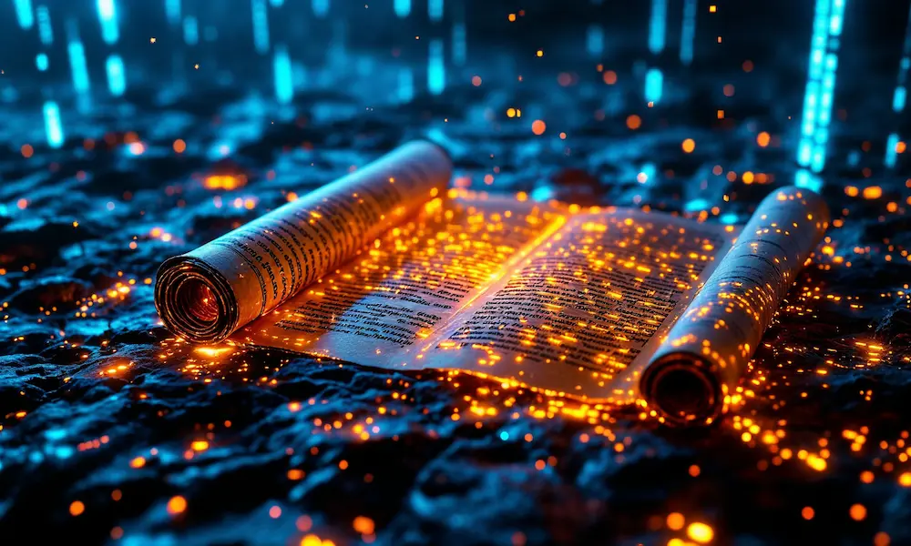 A symbolic image of an open scroll glowing with digital light, representing Daniel 12:4 and rising knowledge.