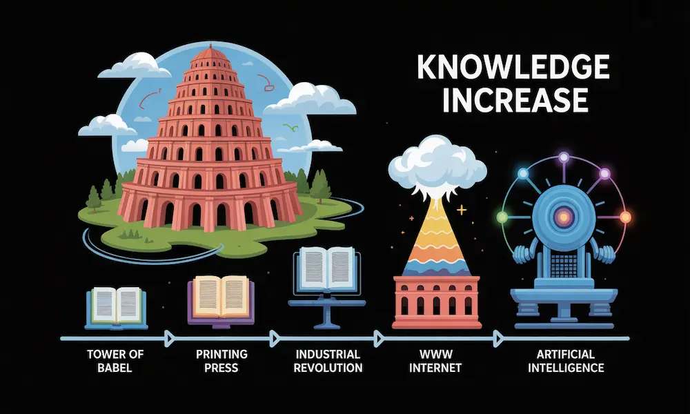 Infographic showing the biblical prophecy of knowledge increase, from Babel to AI.