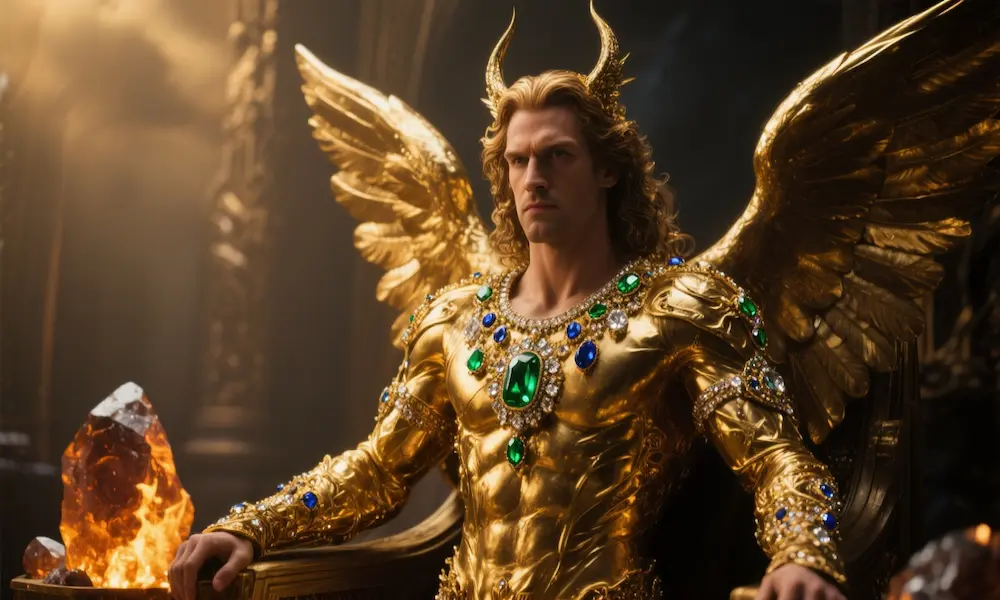 Lucifer as the anointed guardian cherub adorned with precious stones before his fall