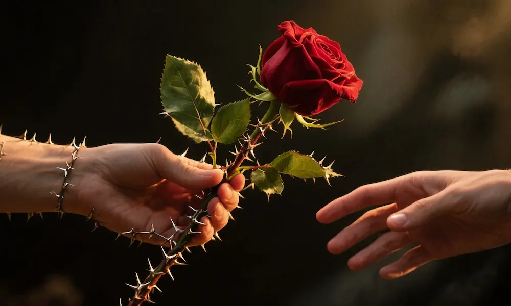 Hand offering a rose with hidden thorns, symbolizing manipulative flattery.