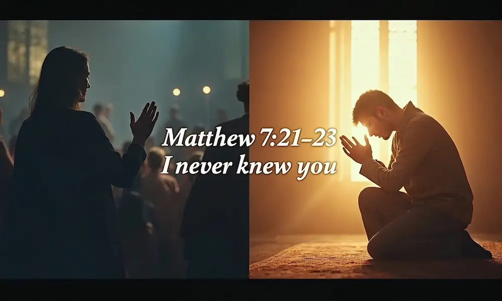 Matthew 7:21-23 scripture passage with visual representation of judgment day