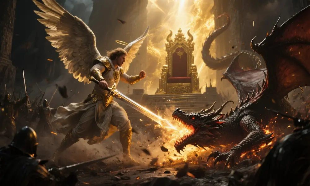 Archangel Michael defeating the dragon Satan in the war in heaven