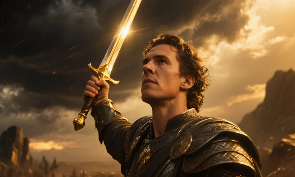 Michael standing victorious with sword raised, heaven’s light breaking through.