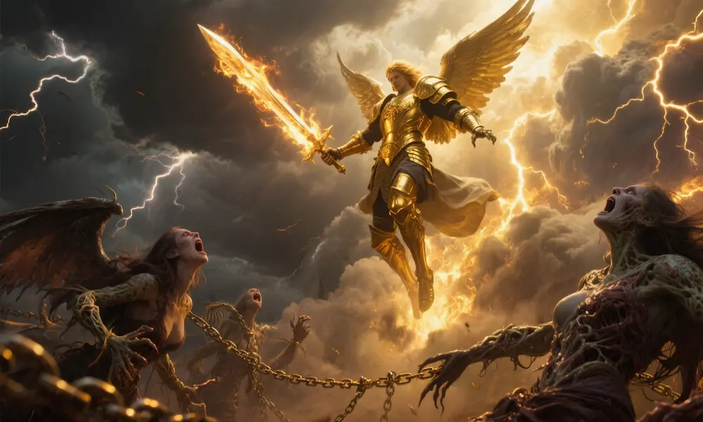 Archangel Michael striking with a blazing sword against the fallen angels and their wives.