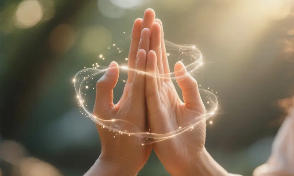 Close-up of hands in meditation pose with soft breathing visualization, representing mindful awareness