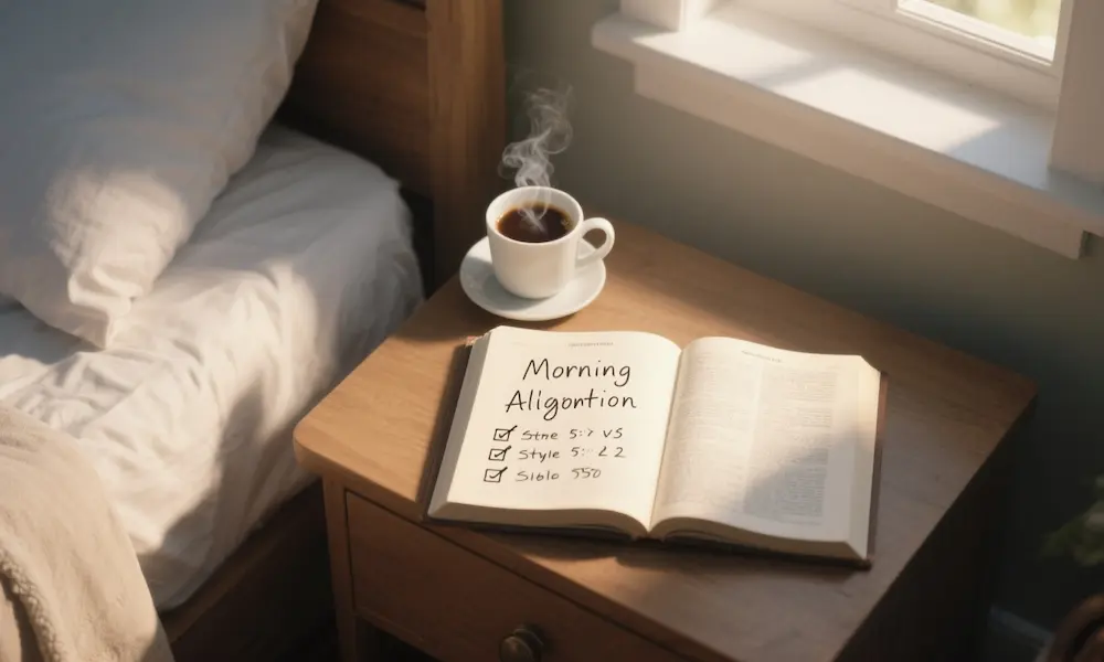 Morning scene with a checklist, Bible, and coffee on a bedside table, symbolizing daily spiritual alignment.
