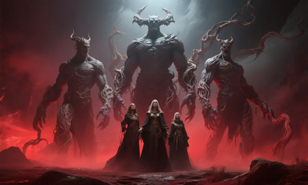 The Nephilim towering over humanity with their mothers beside them.