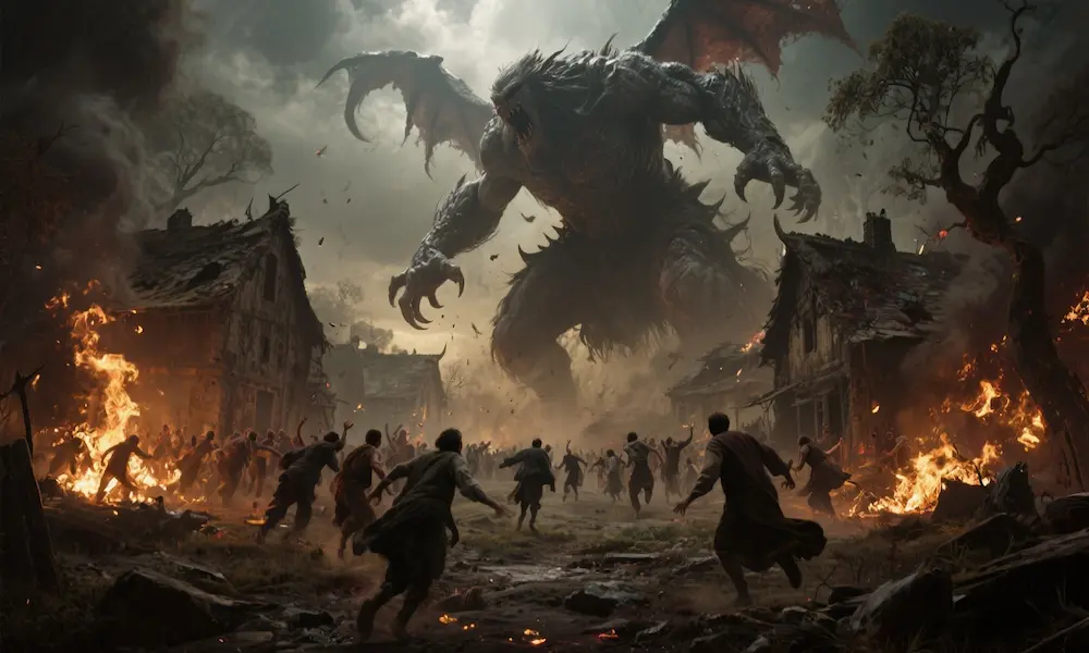 Nephilim giants spreading destruction among humans in ancient times.