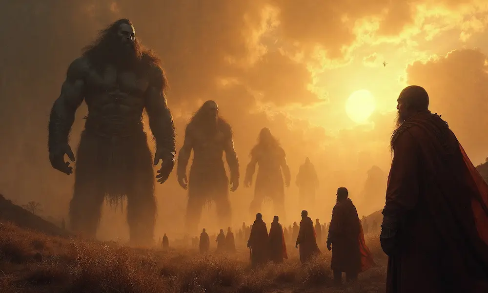 Israelites dwarfed by towering Nephilim giants in the land of Canaan.