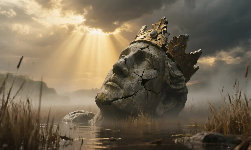 Fragmented megalithic statue half‑submerged in marshland under a stormy sky—echoes of giant clans and lost kings.